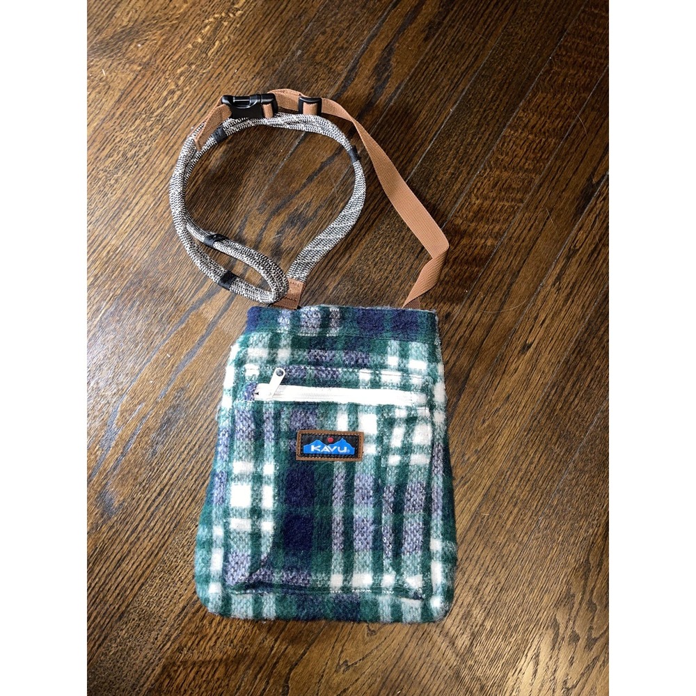 Kavu Green Navy White Plaid Flannel Crossbody Rope Handle Purse Outdoor Hiking